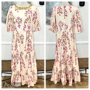SHERIDAN FRENCH beige floral maxi dress with gold beaded neckline - Size L